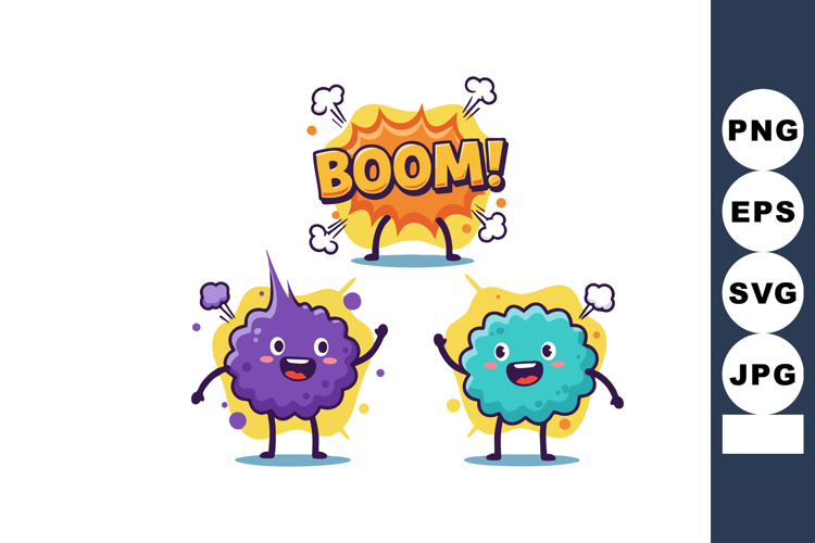 Colorful cartoon virus characters with explosion comic effec
