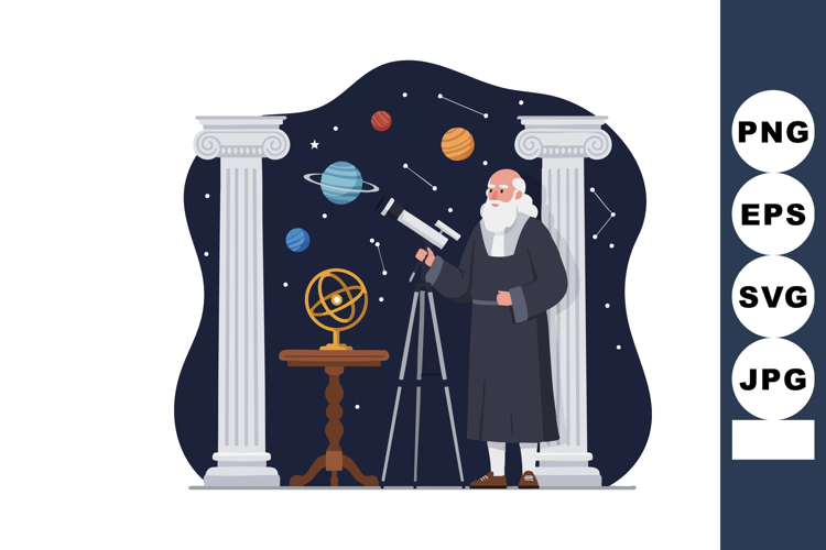 Ancient Astronomer Observing Planets Through Telescope in Cl