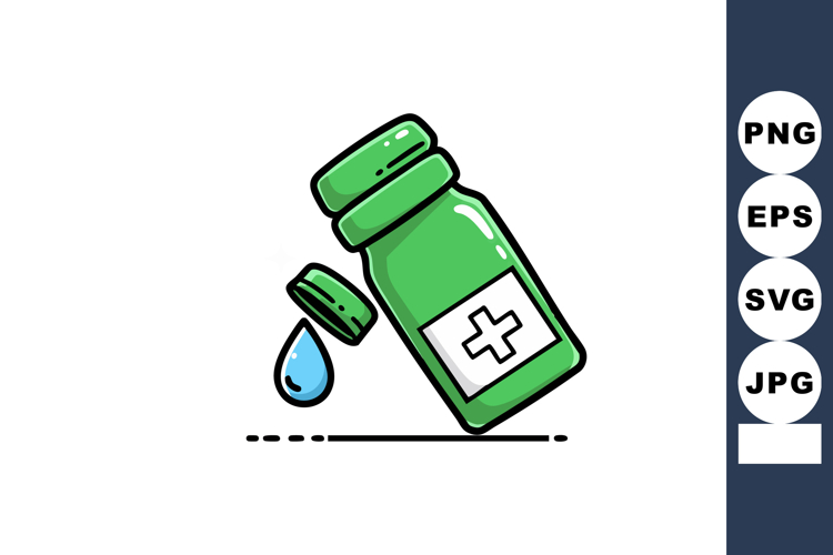 Green medical bottle with blue drop liquid healthcare illust