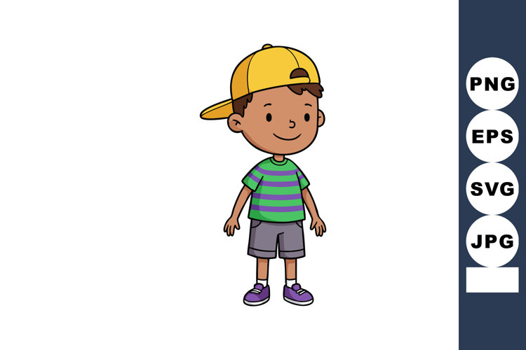 Young boy standing wearing yellow cap green striped shirt an example image 1