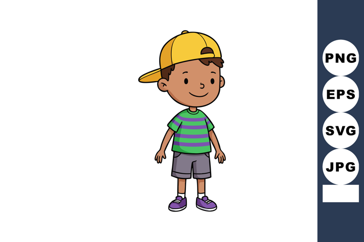 Young boy standing wearing yellow cap green striped shirt an