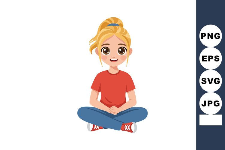 Young girl sitting cross legged wearing red shirt and blue j