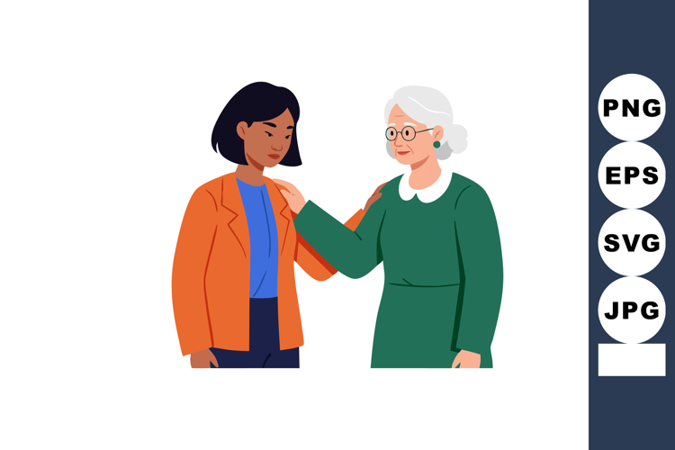 Elderly woman comforting young woman in orange jacket and bl