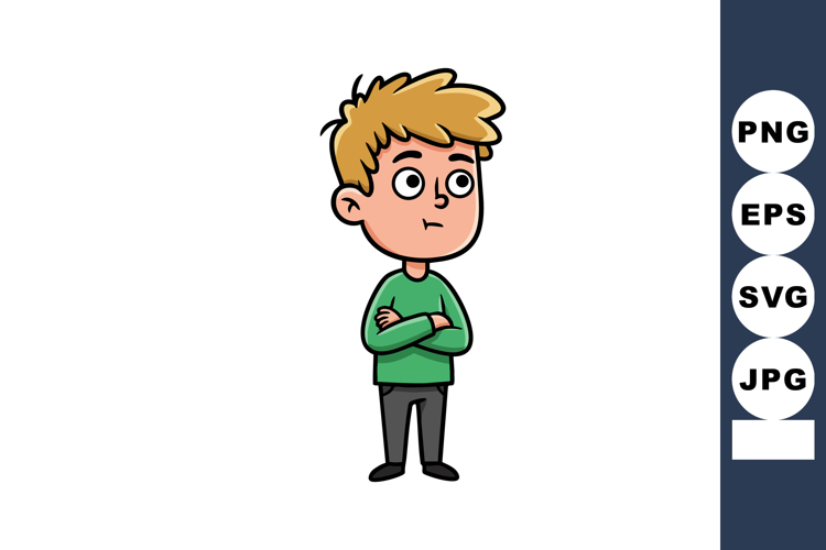 Cartoon boy standing with arms crossed in green sweater and