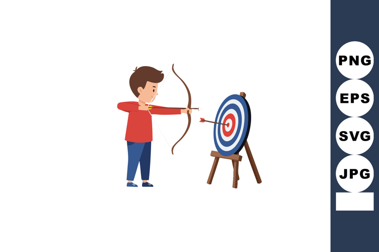 Boy practicing archery with bow and arrow hitting target cen