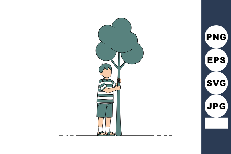 Boy Holding Small Tree Vector Illustration in Minimalist Sty