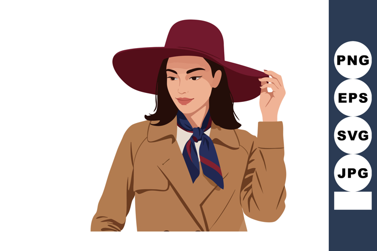Woman wearing burgundy wide brim hat and brown coat with sca