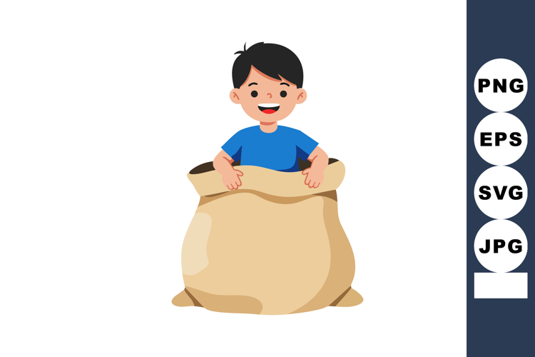 Happy boy sitting inside large beige sack playful childhood