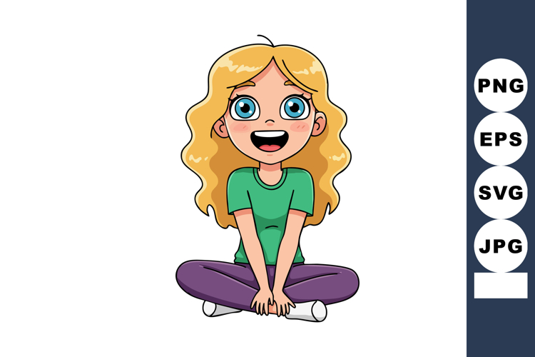 Happy young girl with blonde hair sitting cross-legged smili