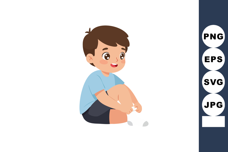 Happy young boy sitting putting on white socks in casual out