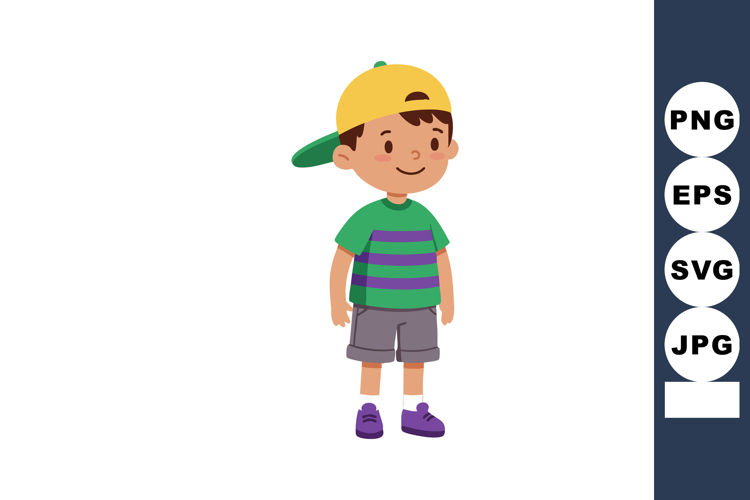 Young boy wearing yellow cap green striped t-shirt and purpl