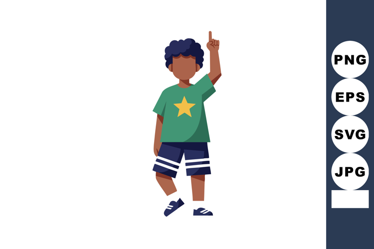 Boy in green shirt with star raising finger casual pose vect
