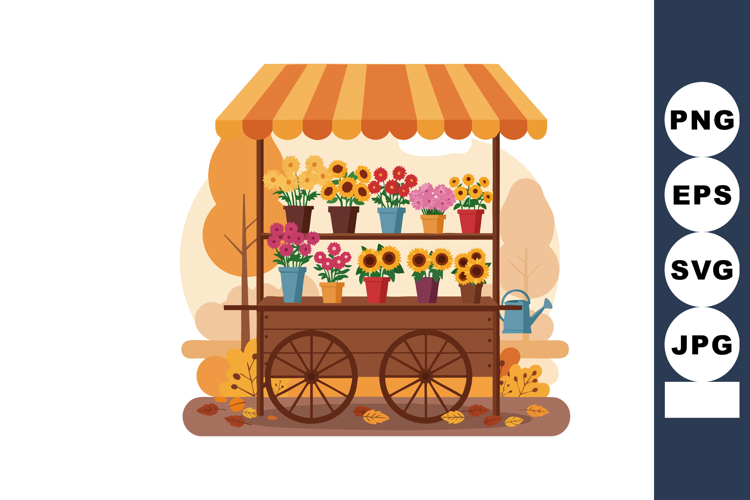 Flower cart with potted plants and autumn leaves in warm ora
