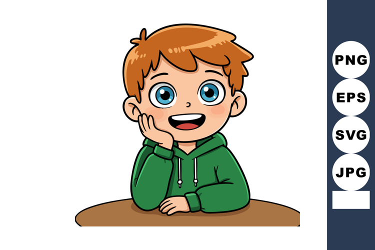 Happy boy with blue eyes and brown hair wearing green hoodie
