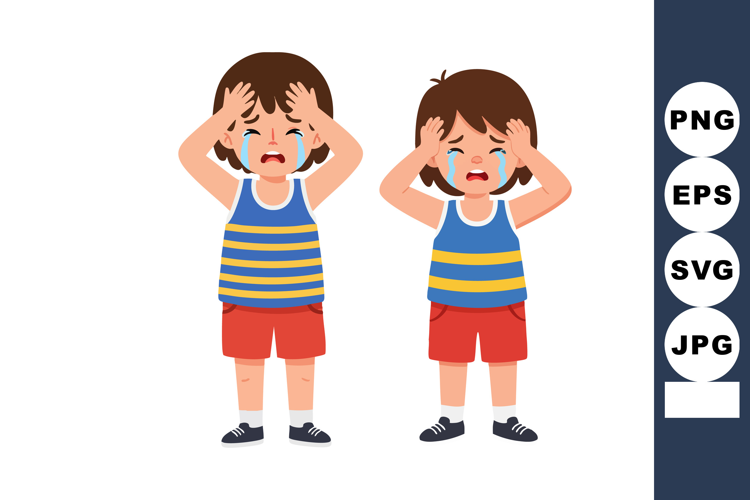 Crying little boy in striped tank top and red shorts vector