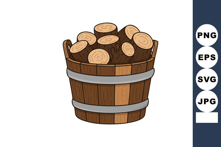 Wooden Bucket Filled with Cut Firewood Logs Rustic Natural W
