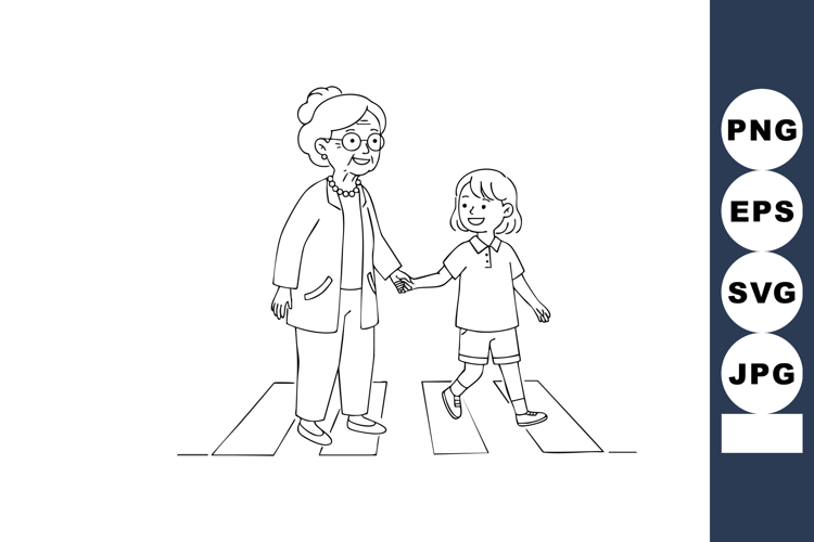 Elderly woman holding hand of child crossing street on pedes