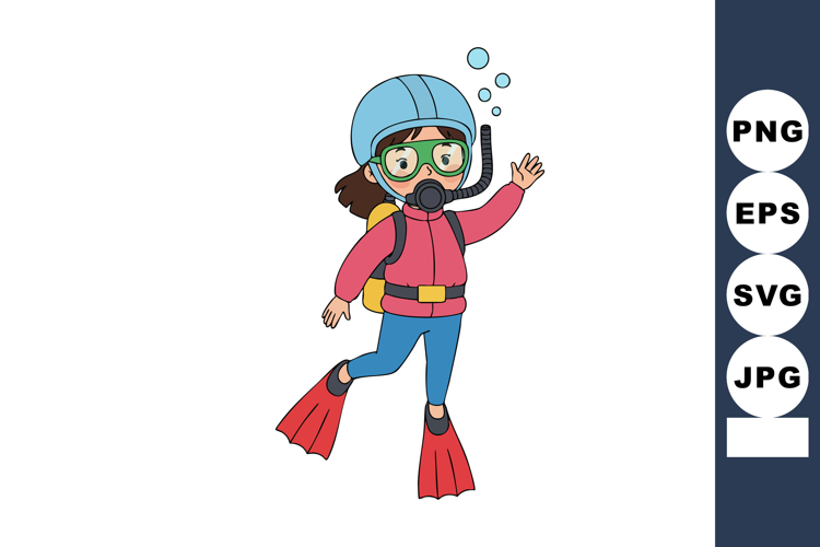 Girl wearing scuba diving gear with helmet snorkel and fins