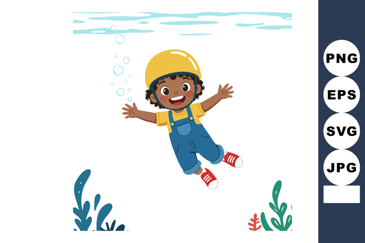 Child diving underwater wearing helmet and overalls with bub