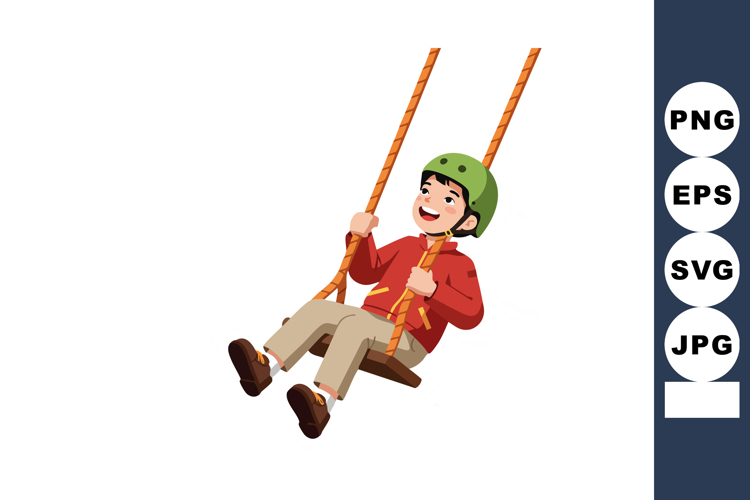 Boy swinging on rope swing wearing helmet and red jacket out