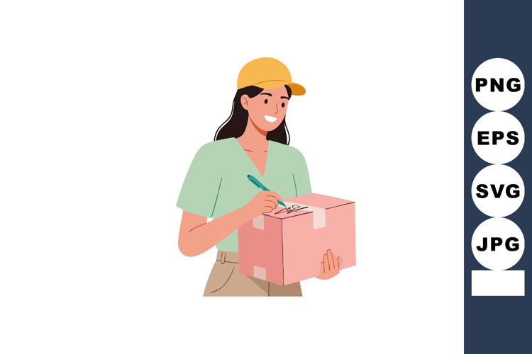 Woman wearing yellow cap holding pink box smiling delivery i