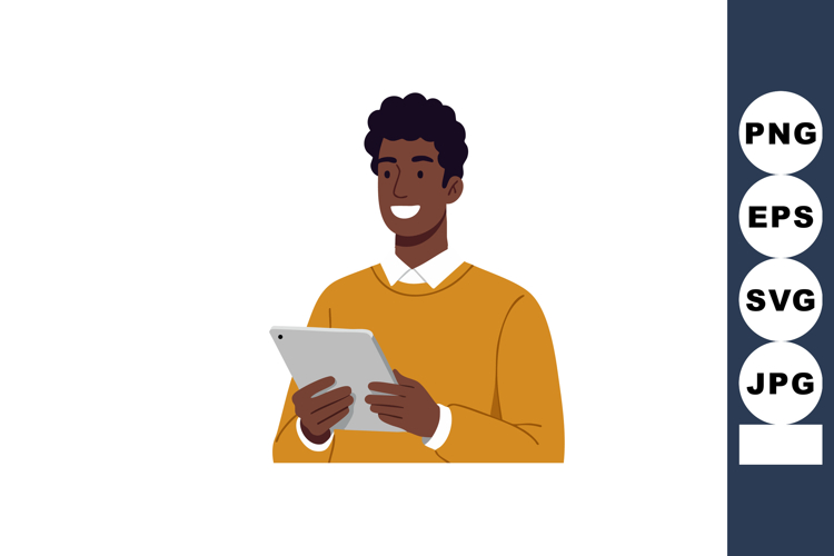 Young man holding tablet smiling in casual orange sweater di
