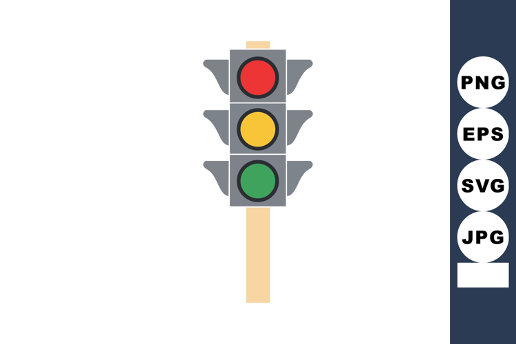 Traffic light with red yellow and green signals on gray pole