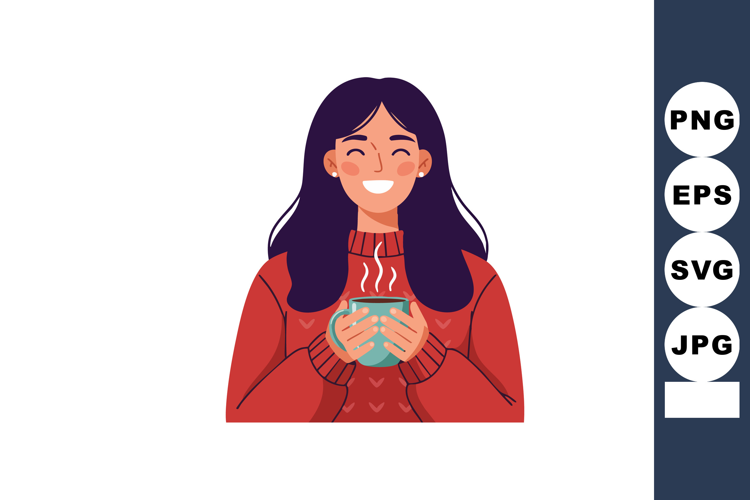 Young woman holding steaming cup smiling in red sweater vect