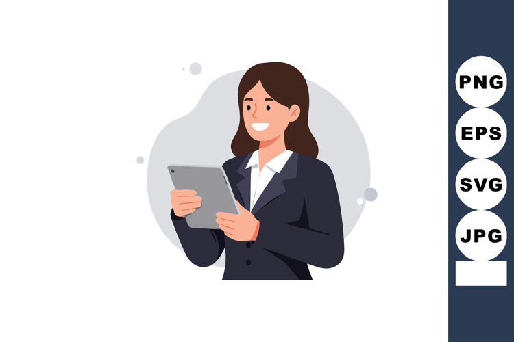 Businesswoman holding tablet device in dark suit smiling vec