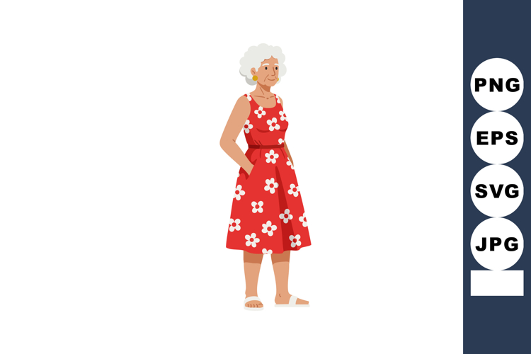Elderly woman in red floral dress standing with hands in poc