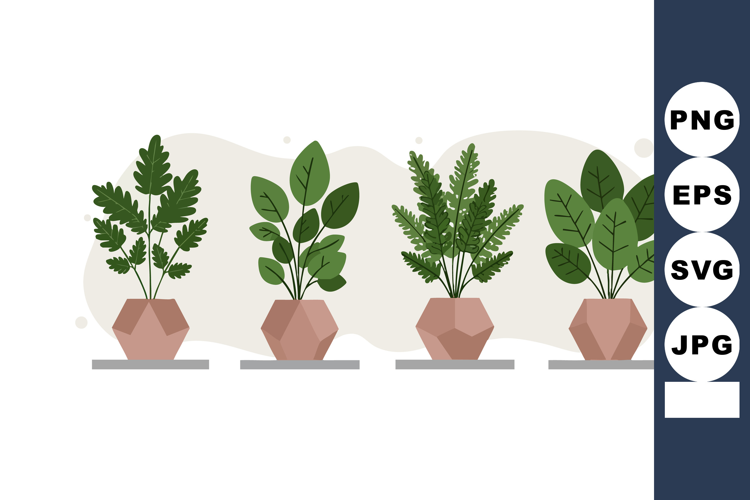 Four potted green indoor plants in modern geometric pots vec