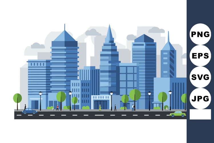 Modern cityscape with blue skyscrapers and green trees in ur