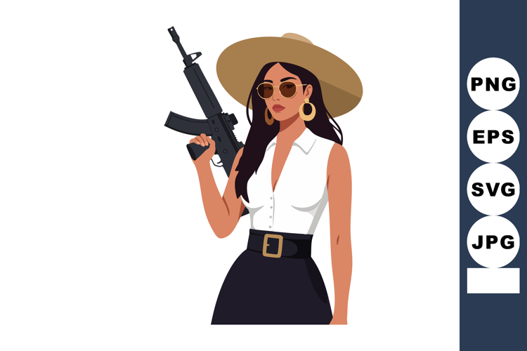 Woman holding assault rifle wearing wide brim hat sunglasses