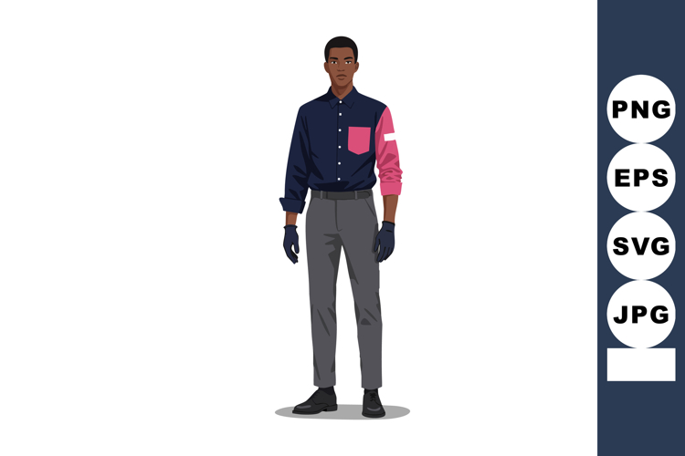Young man standing wearing navy and pink shirt with grey pan