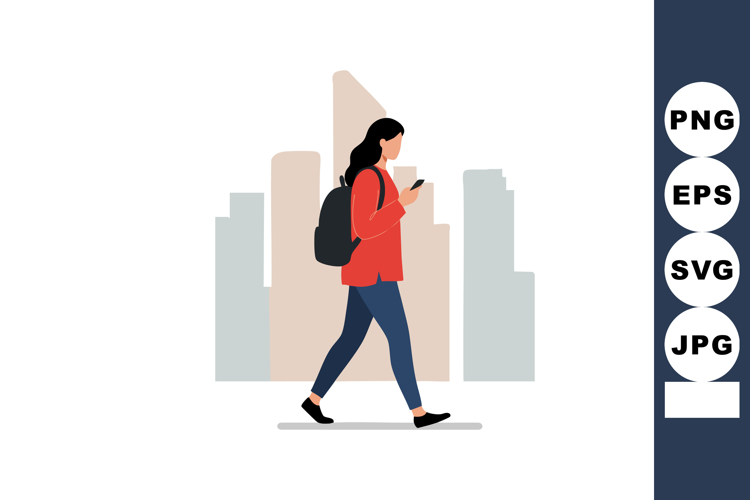 Young woman walking in city with backpack using smartphone u