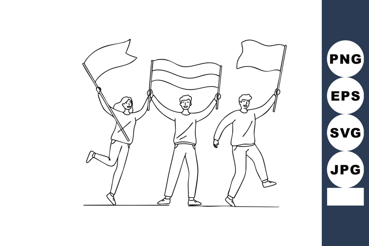 Three people holding waving flags celebrating event in outli