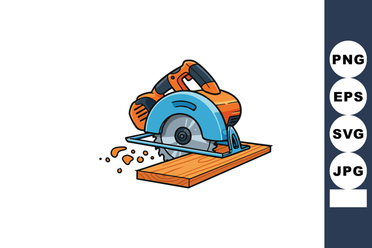 Circular saw cutting wooden plank with orange and blue color