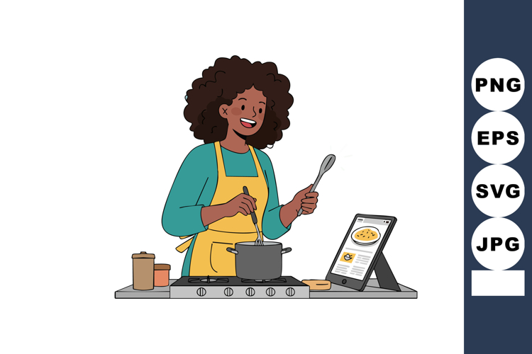Woman cooking with recipe on tablet in kitchen wearing yello