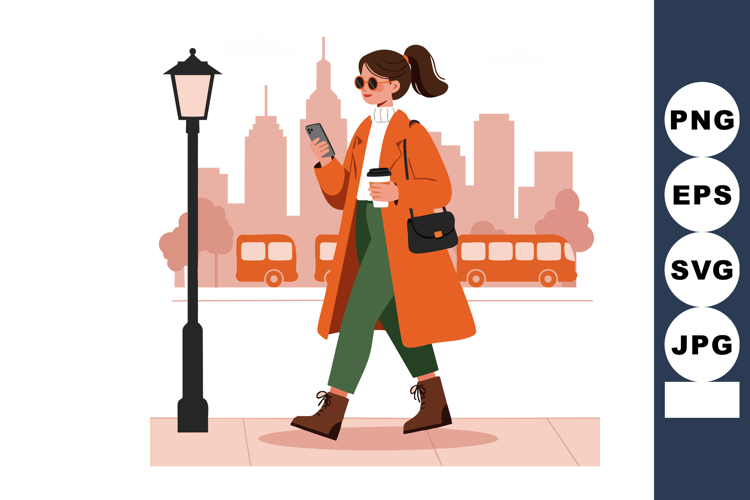 Woman walking city street with coffee and smartphone wearing