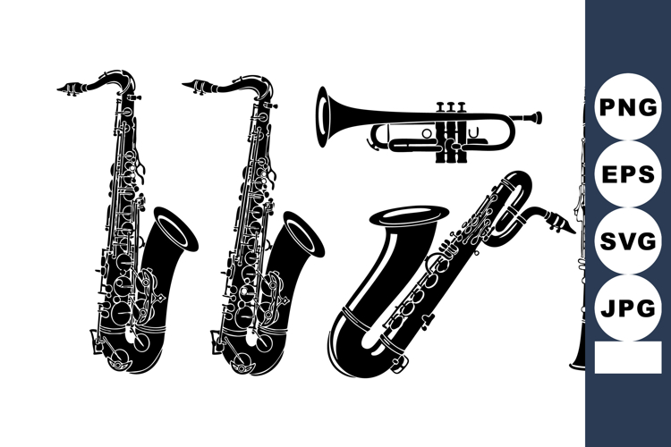 Black White Saxophone Trumpet Clarinet Vector Illustration