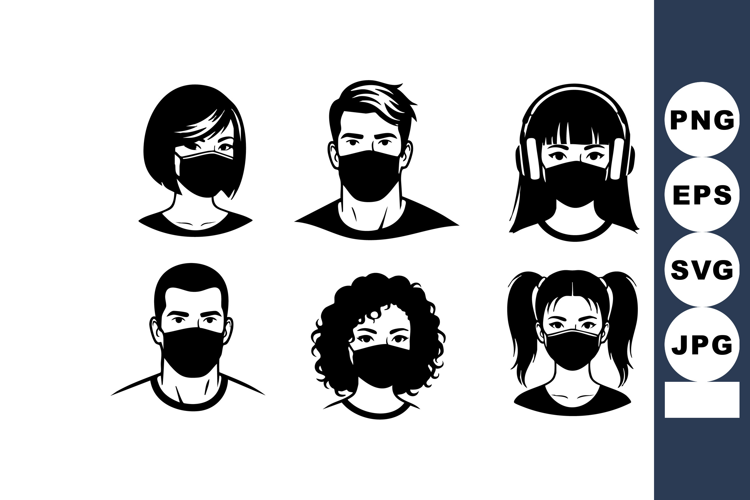 Six People Wearing Face Masks Vector Illustration
