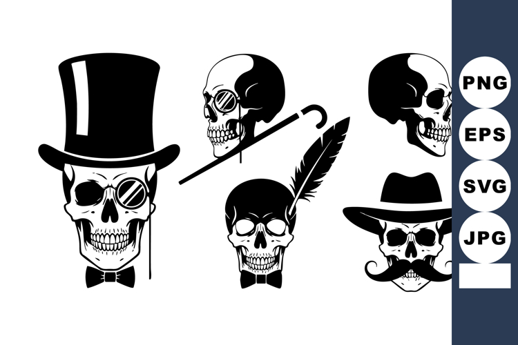 Vintage Skulls With Hats Glasses Feather Cane Mustache Vecto