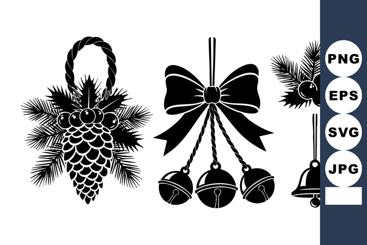 Christmas Pine Cone Bell Mistletoe Decoration Silhouette Vec