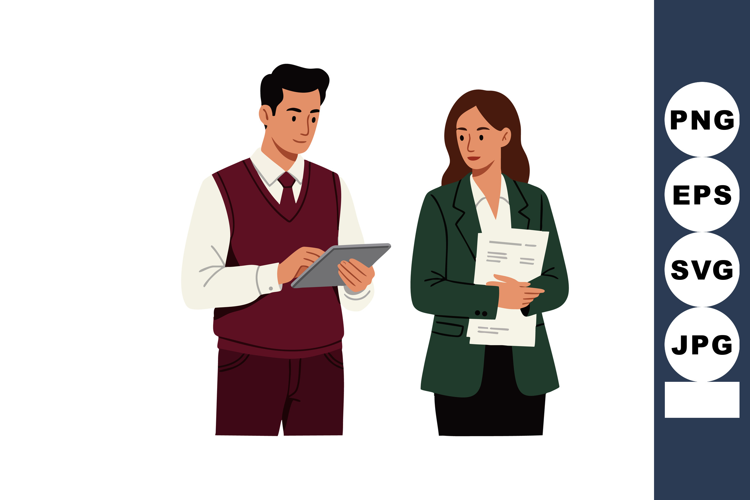 Two business professionals collaborating using digital table