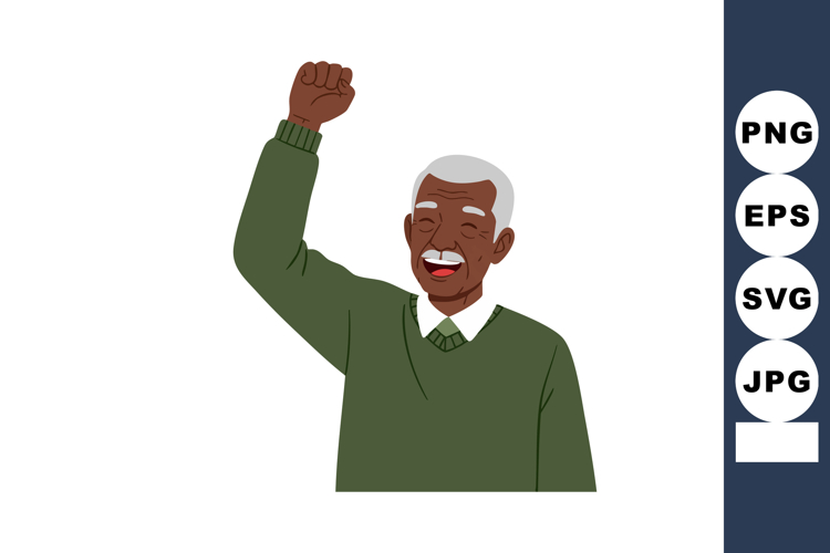 Elderly man raising fist wearing green sweater smiling with example image 1