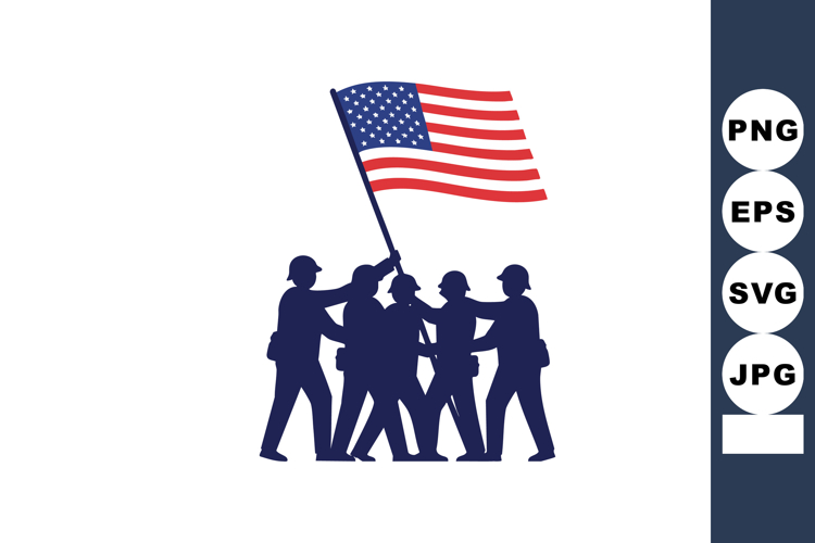 American soldiers raising United States flag vector silhouet