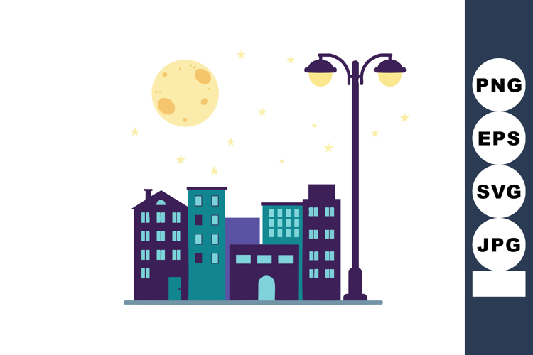 Urban cityscape with tall buildings moon and street lamp at example image 1