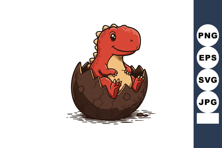 Red baby dinosaur hatching from cracked egg cute prehistoric
