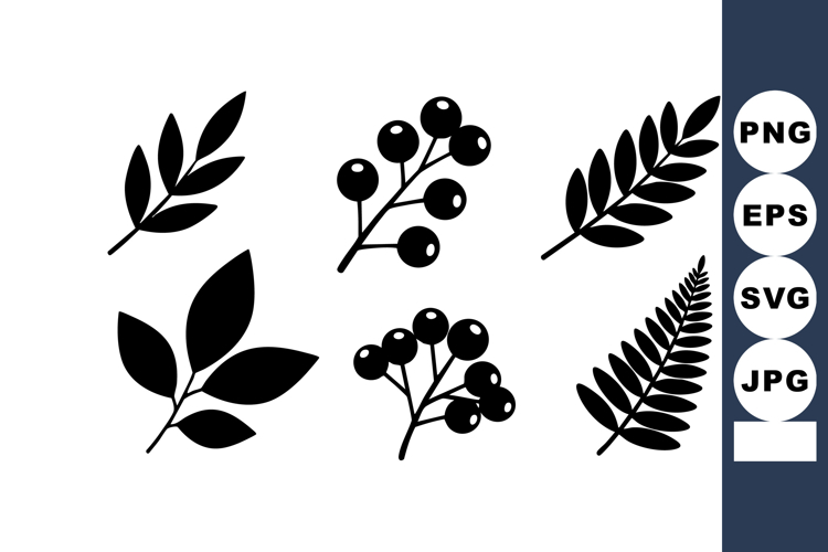 Black Silhouette Leaves and Berries Vector