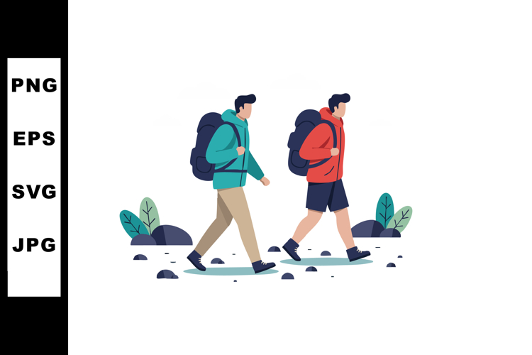 Two male hikers walking with backpacks in outdoor nature env